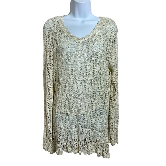 Emma James Cream Crochet Blouse Sz XL Long-Sleeve Lined Top V-Neck - Picture 2 of 6